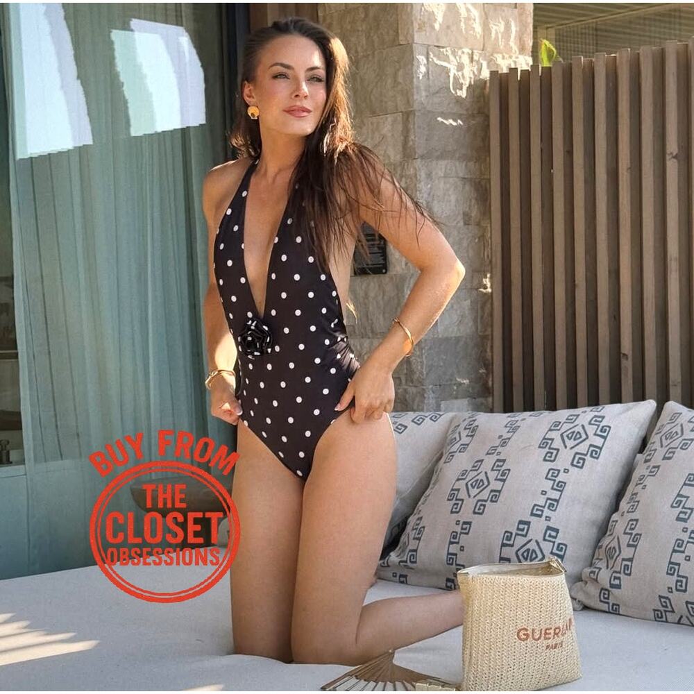 Zara NWT Black Polka Dot Halter Plunge One Piece Swimsuit L - Picture 4 of 12